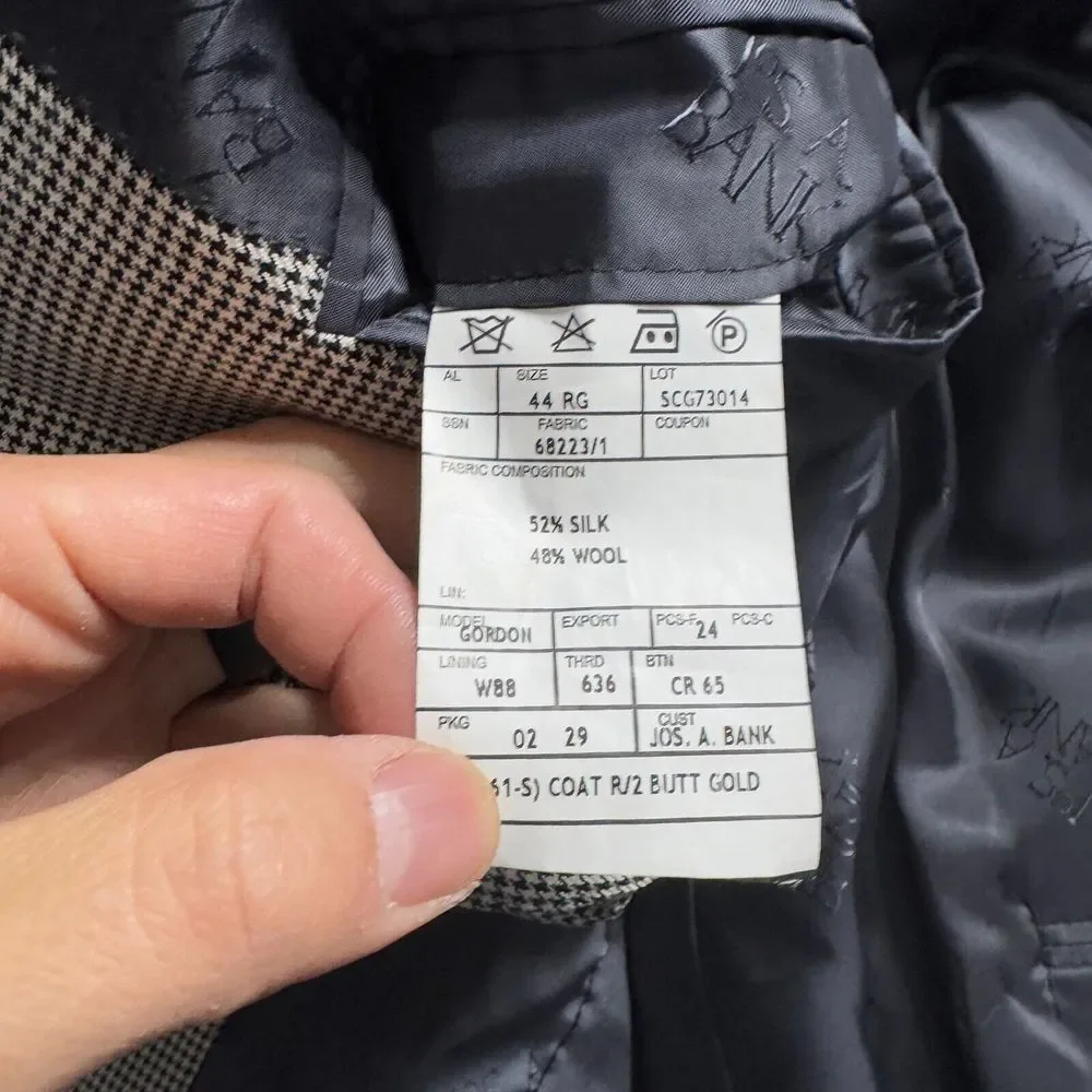 Jos A Bank Gold‎ Signature 44R Blazer Sport Coat Mens Gray Check Wool Silk